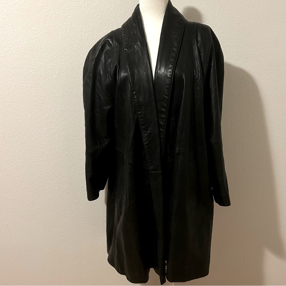 Vintage oversized buttery leather long black coat jacket puffed shoulder size M